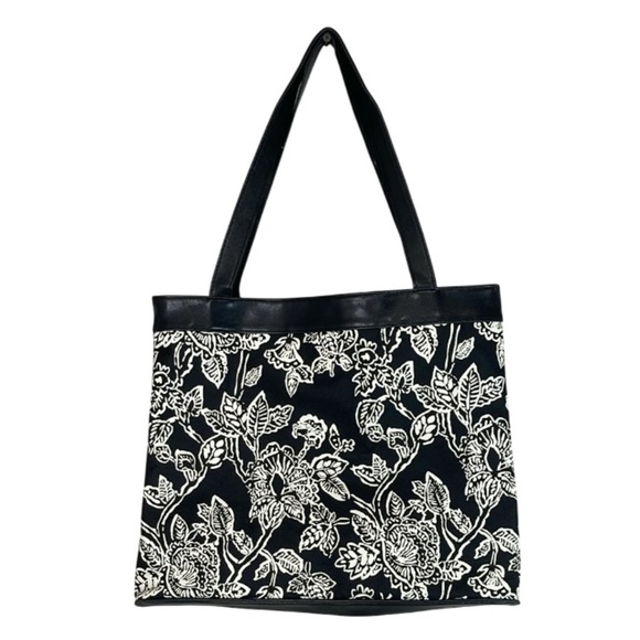 Floral Black and Ivory Tote Bag Faux And Canvas Snap Closure Lined Beach - Picture 1 of 11